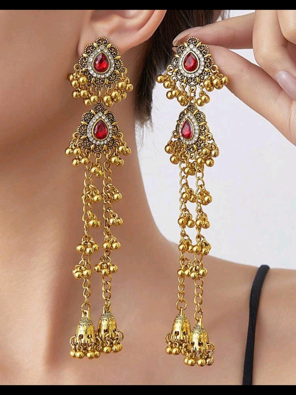 Kasmiri Gold and Red Dangle Jhumka Earrings - Women Jewelry